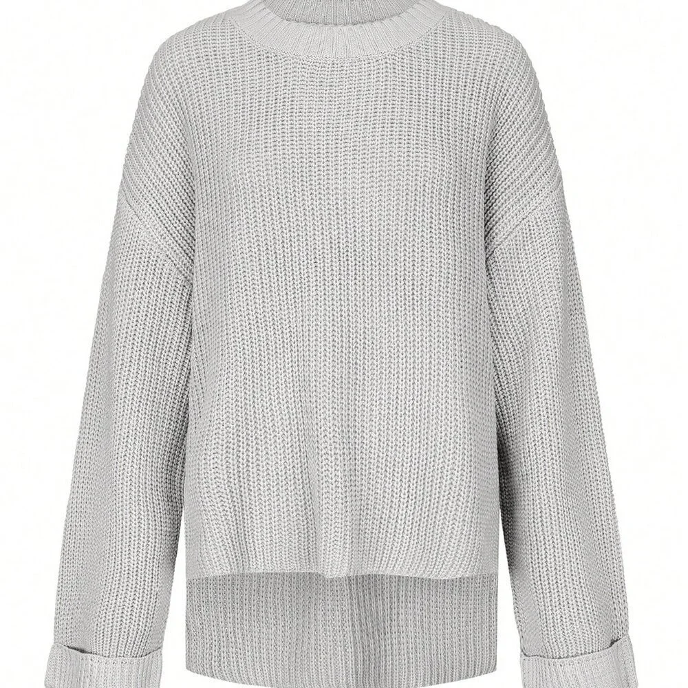 Grey Casual Women's Minimalist Long Split Sweater Top